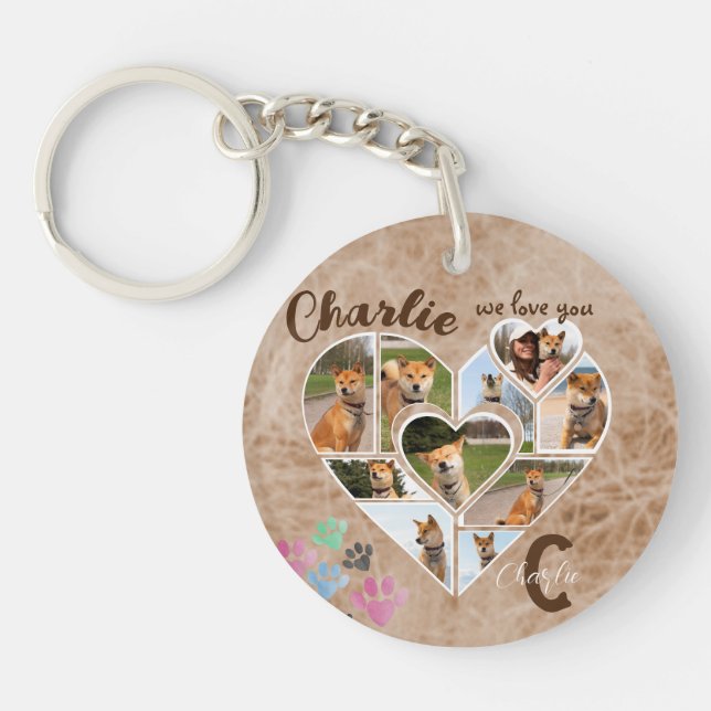 Heart Shape Photo Collage with Name and Texts Keychain (Front)