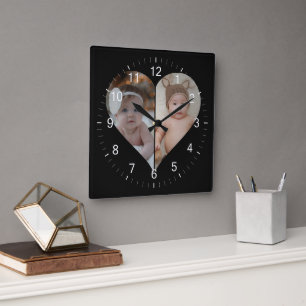 Heart Shaped 2 Photo Collage Square Wall Clock