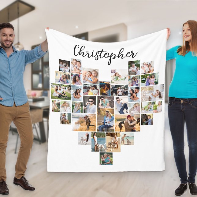 Heart Shaped 36 Photo Collage Script Name White Fleece Blanket (Creator Uploaded)