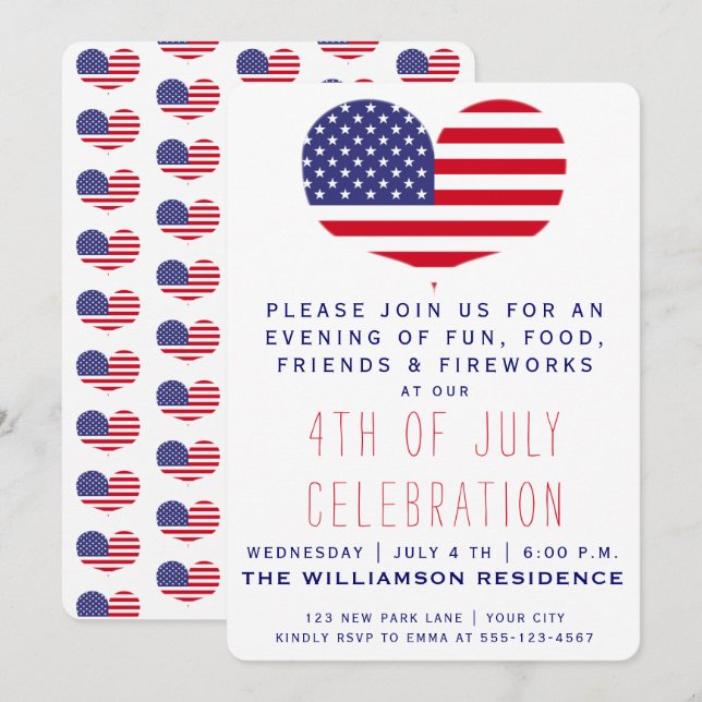 Heart Shaped American Flag | 4th of July Invitation (Front/Back)