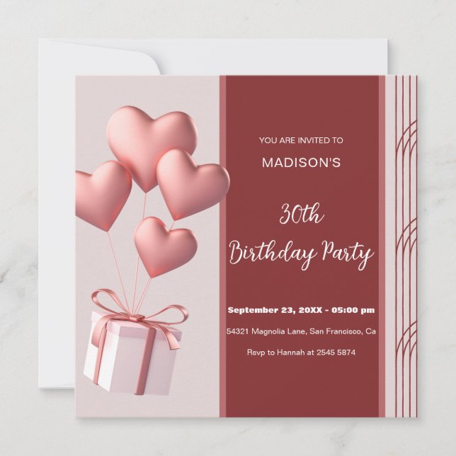 Heart Shaped Balloons Birthday Invitation (Front)