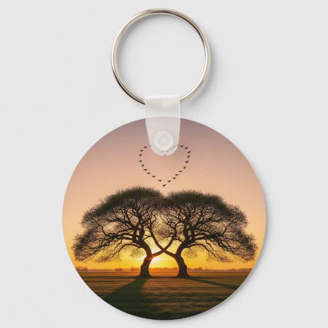 Heart-Shaped Bird Flock at Sunset – Romantic Keychain (Front)