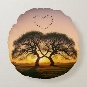 Heart-Shaped Bird Flock at Sunset – Romantic Round Pillow