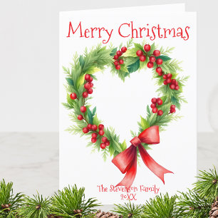 Heart-Shaped Christmas Wreath with Red Bow Holiday Card