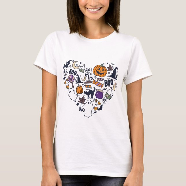 Heart Shaped Collection Witches Pumpkins Halloween T-Shirt (Front)