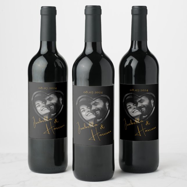 Heart Shaped Custom Photo Black and Gold Wine Label (Bottles)