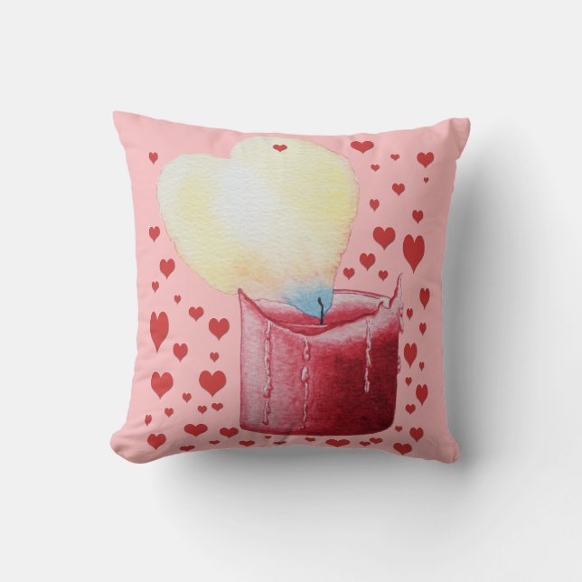 heart shaped flame red candle art pink throw pillow (Front)