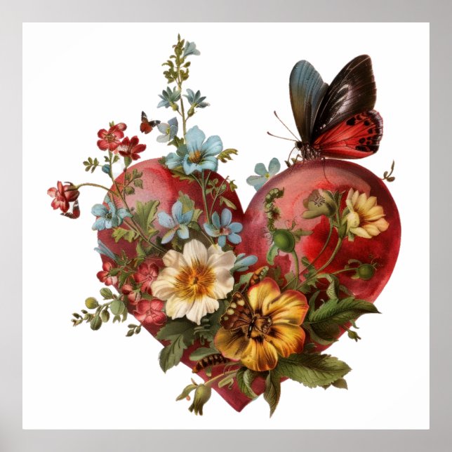 Heart-shaped floral butterfly illustration poster (Front)