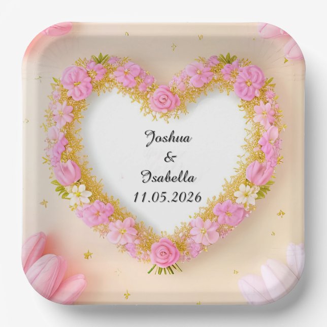Heart Shaped Floral Frame Paper Plate (Front)