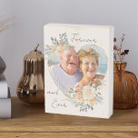 Heart Shaped Floral Gold Frame Wedding Photo Wooden Box Sign<br><div class="desc">Custom Photo block displaying your favourite photo in a geometric heart shaped gold frame. The frame is decorated with watercolor bouquets of cream and apricot flowers. It is lettered with the wording "forever and ever" in elegant casual, handwritten script on a neutral, almond white background, all of which you can...</div>