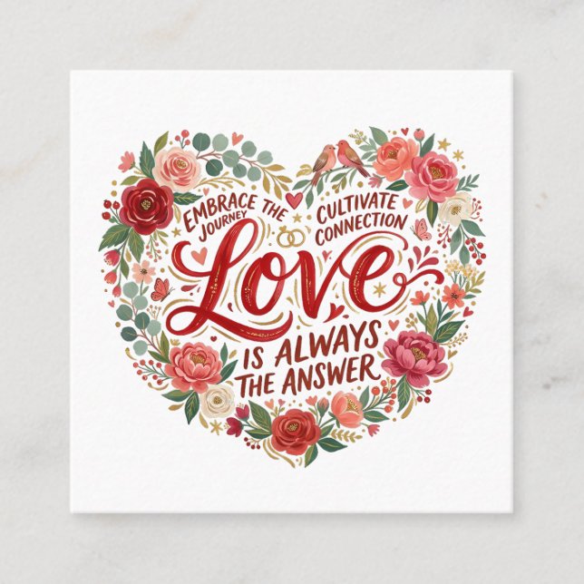 Heart-Shaped Floral Typography Square Business Card (Front)