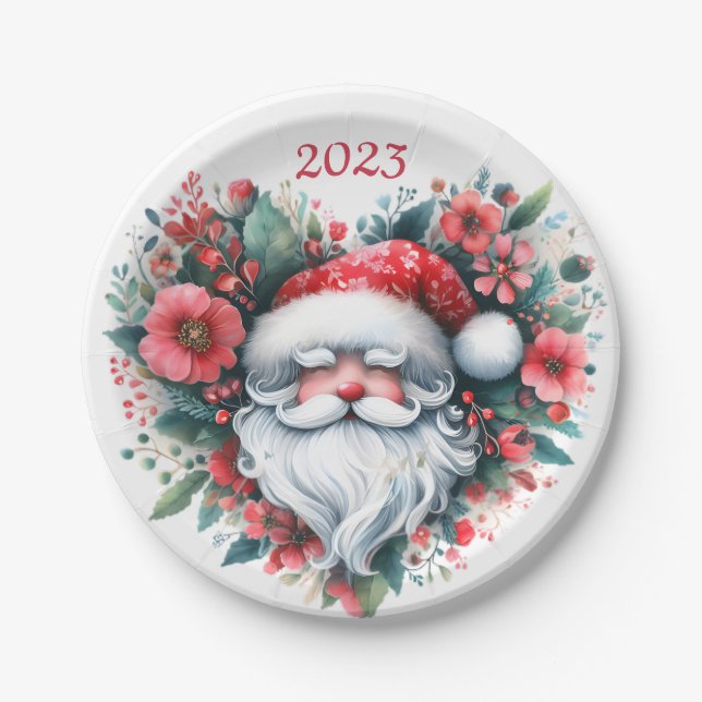 Heart-shaped Floral Wreath - Christmas Santa Claus Paper Plate (Front)