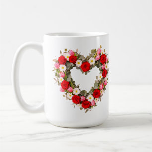 Heart Shaped Floral Wreath Roses Daisies Tulips Coffee Mug
