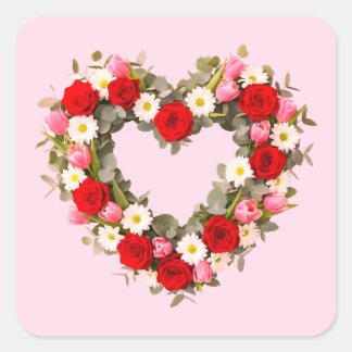 Heart Shaped Floral Wreath Roses Daisies Tulips Square Sticker
