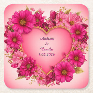 Heart-Shaped Flower Frame with Pink Blossoms Square Paper Coaster
