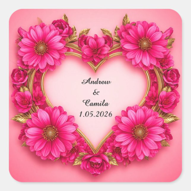 Heart-Shaped Flower Frame with Pink Blossoms Square Sticker (Front)