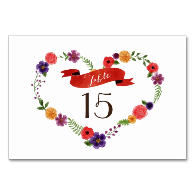 Heart-Shaped Flower Wreath Rustic Wedding Table Number (Front)