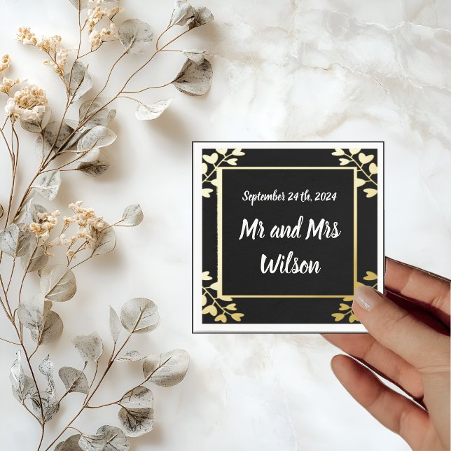 Heart Shaped Flowers on Black Gold Foil wedding  Napkin (Creator Uploaded)