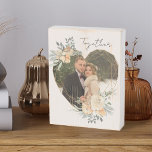 Heart Shaped Gold Geometric Floral Frame Photo Wooden Box Sign<br><div class="desc">Custom Photo block displaying your favourite photo in a geometric heart shaped gold frame. The frame is decorated with watercolor bouquets of cream and apricot flowers. It is lettered with the word "together" in elegant casual, handwritten script on a neutral, almond white background, all of which you can edit if...</div>
