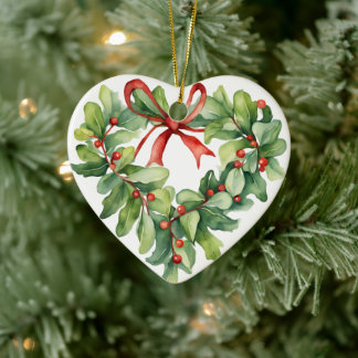 Heart-Shaped Holly Wreath For Teacher Ceramic Ornament