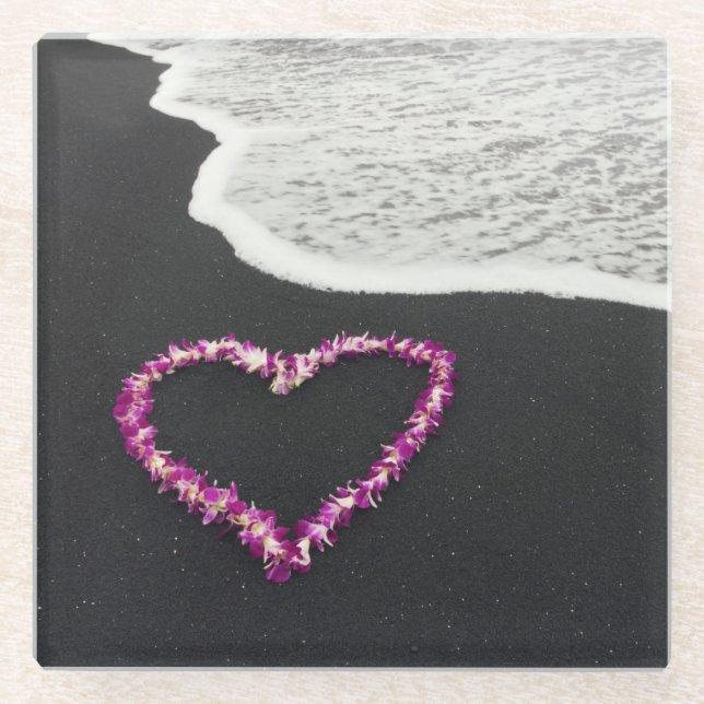 Heart Shaped Lei on Black Sand Beach Glass Coaster (Front)