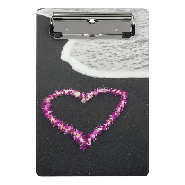 Heart Shaped Lei on Black Sand Beach Mini Clipboard (Front)