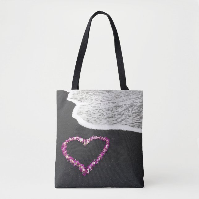 Heart Shaped Lei on Black Sand Beach Tote Bag (Front)