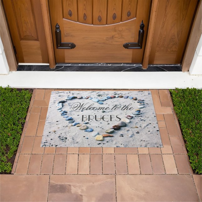 Heart-shaped Pebbles on Beach Personalized Welcome Doormat (Outdoor)