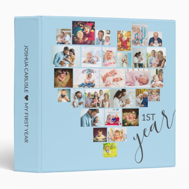 Heart Shaped Photo Collage Baby 1st Year Blue Binder (Front/Spine)