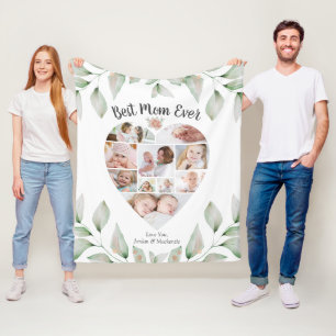 Heart Shaped Photo Collage Best Mom Ever Greenery Fleece Blanket