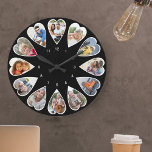 Heart Shaped Photos Black and White Round Large Clock<br><div class="desc">Create your own multi photo clock. The photo template is set up for you to add 12 photos which are displayed in a heart shaped frame. The design uses portrait vertical photos for all numbers except 3 and 9 which are in landscape horizontal format. The colour palette is black and...</div>
