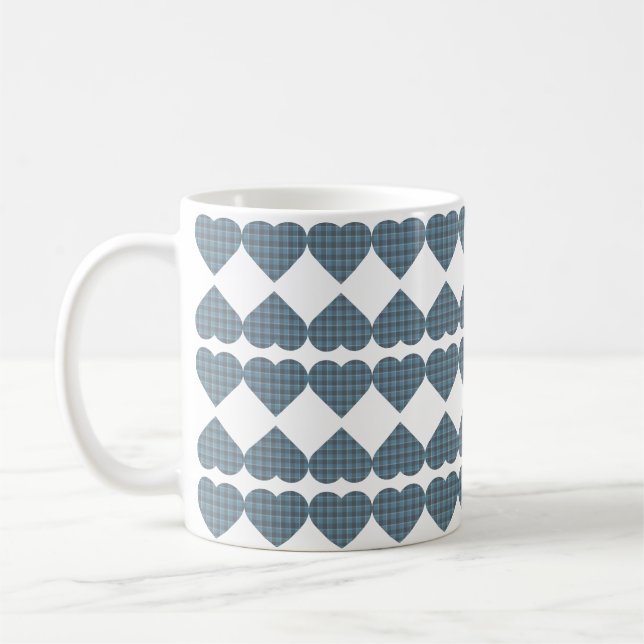 Heart Shaped Plaid Blue Gray Coffee Mug (Left)