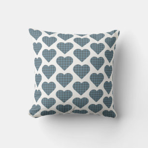 Heart Shaped Plaid Blue Gray Modern Throw Pillow