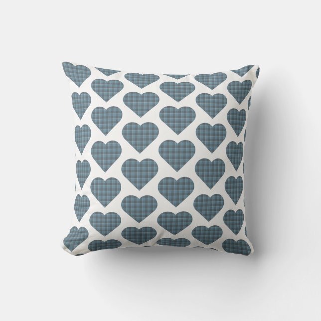 Heart Shaped Plaid Blue Gray Modern Throw Pillow (Front)