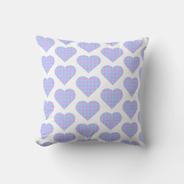 Heart Shaped Plaid Pink Blue Pastel Throw Pillow (Front)