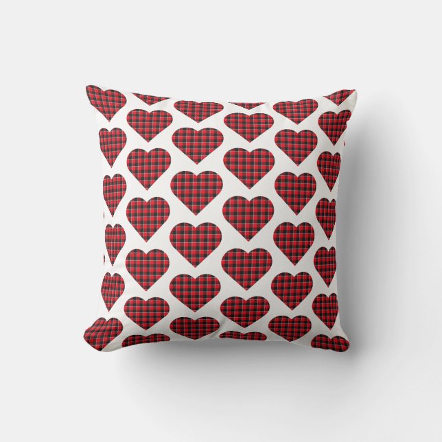 Heart Shaped Plaid Red Black Buffalo Throw Pillow (Front)