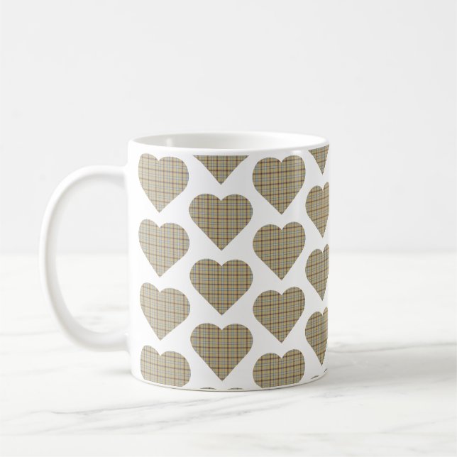 Heart Shaped Plaid Tan Blue White Coffee Mug (Left)