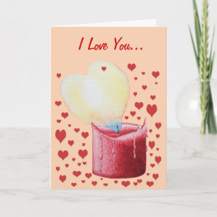 heart shaped red  candle with flame romantic card