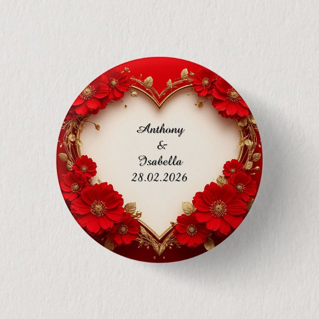 Heart-Shaped Red Floral Frame with Glitter 1 Inch Round Button (Front)