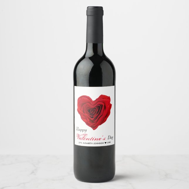 Heart-Shaped Red Rose Valentine's Day Wine Label (Front)