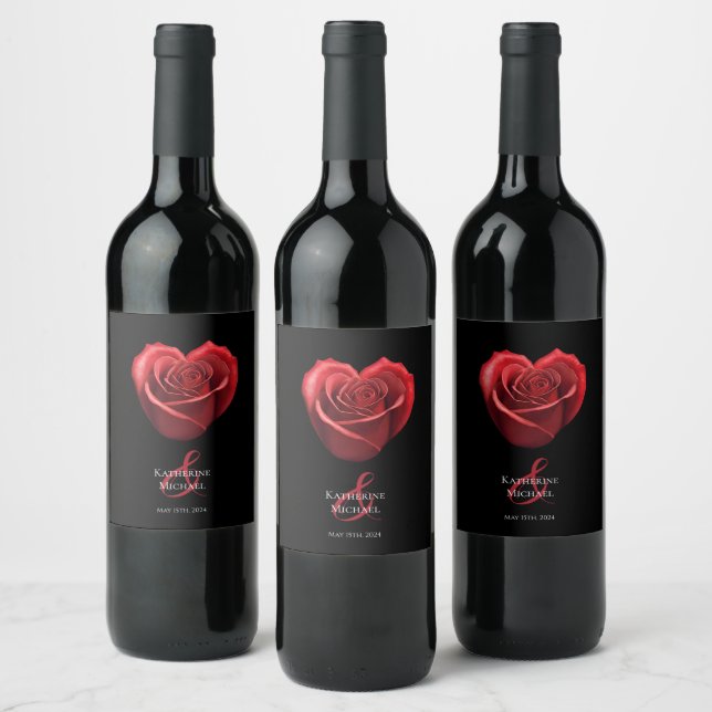 Heart Shaped Red Rose-Wedding- Wine Label (Bottles)