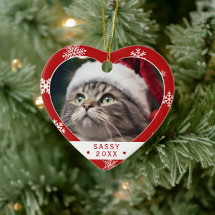 Heart-Shaped Red Snowflake Cat Photo Ornament