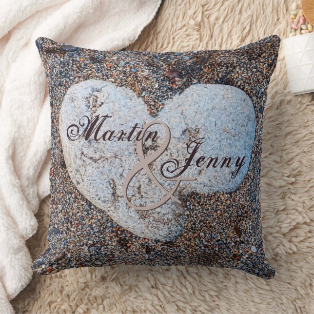 Heart Shaped Rock in Sand Personalize Name Date Throw Pillow (Blanket)