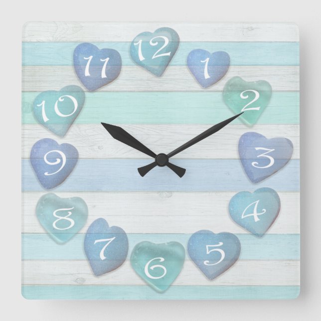 Heart Shaped Sea Glass Beach Driftwood Ocean Square Wall Clock (Front)