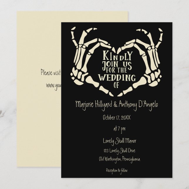 Heart Shaped Skeleton Hands Creepy Goth Wedding In Invitation (Front/Back)