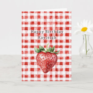Heart Shaped Strawberry Red White Stripes Birthday Card