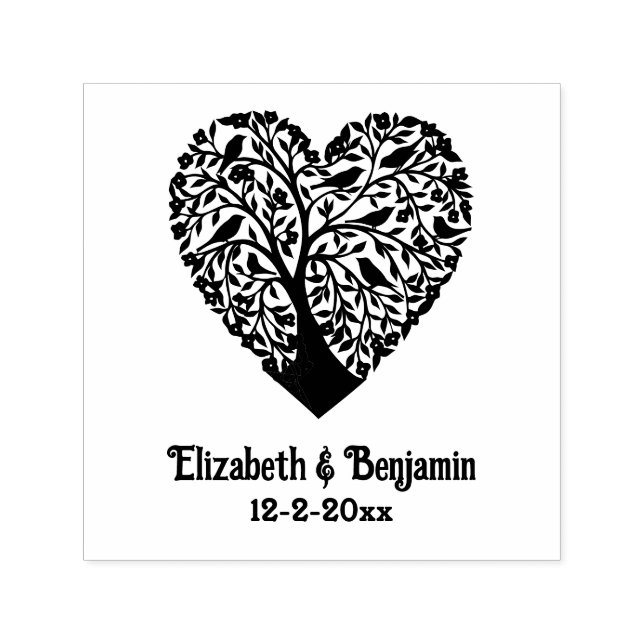 Heart Shaped Tree of Life, Birds Couple Names Date Self-inking Stamp (Design)