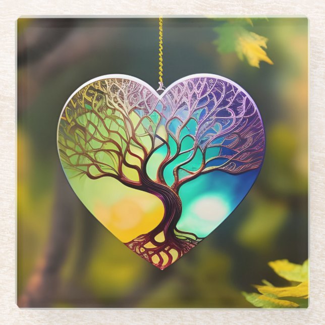 Heart shaped Tree Of Life Ornament Glass Coaster (Front)