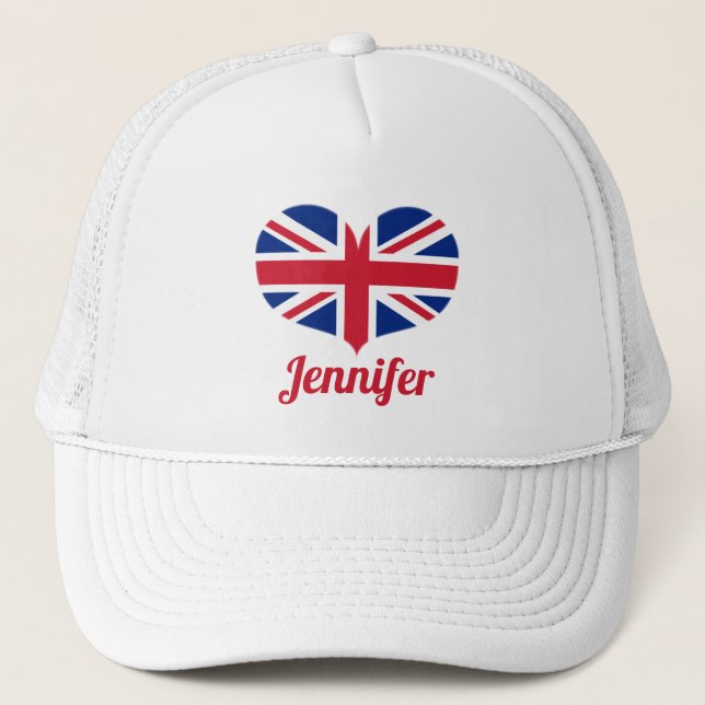Heart Shaped UK Flag / Union Jack Personalized Trucker Hat (Front)