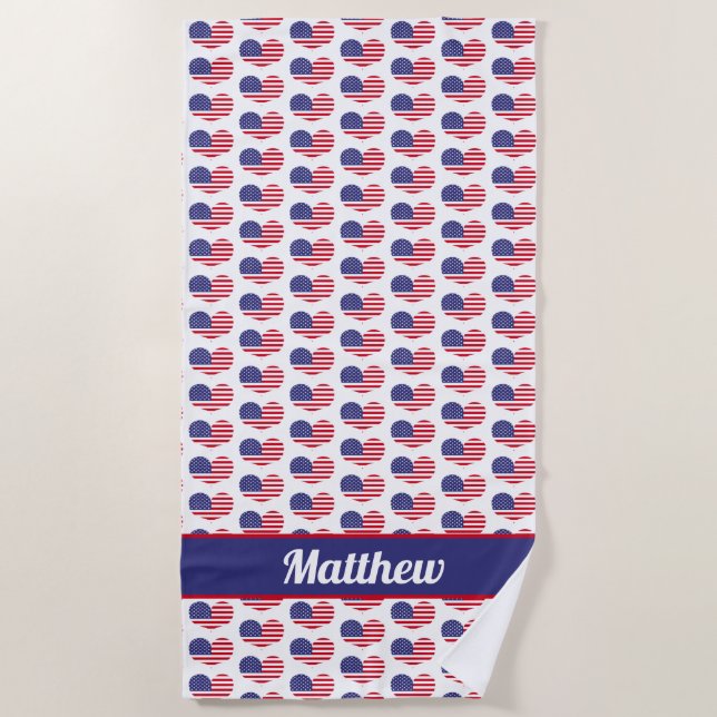 Heart Shaped US Flag / Personalized Beach Towel (Front)
